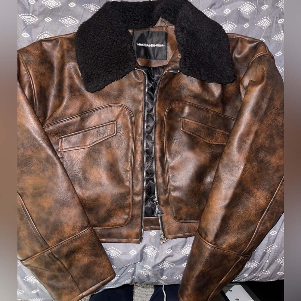 Vintage Vegan Leather Jacket With Detachable Collar